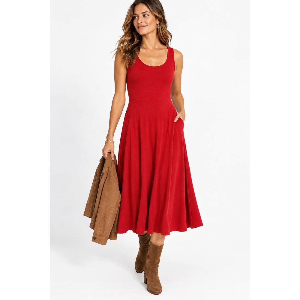 Olivia Rae Red Scoop Neck Midi Dress Sleeveless Fit Flare Pockets Size S NWT